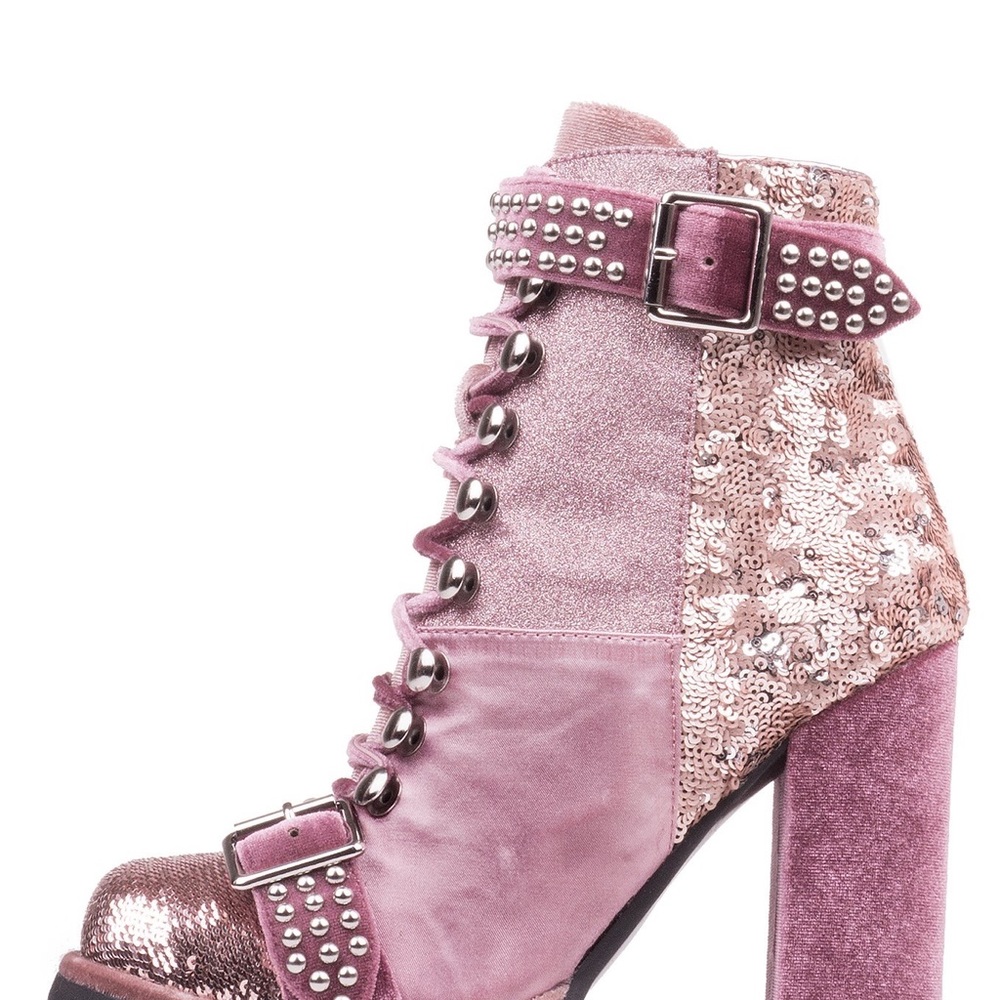 New Rare Jeffrey Campbell Lilith 2 Pink Velvet,Sequins Boot studded ankle strap.